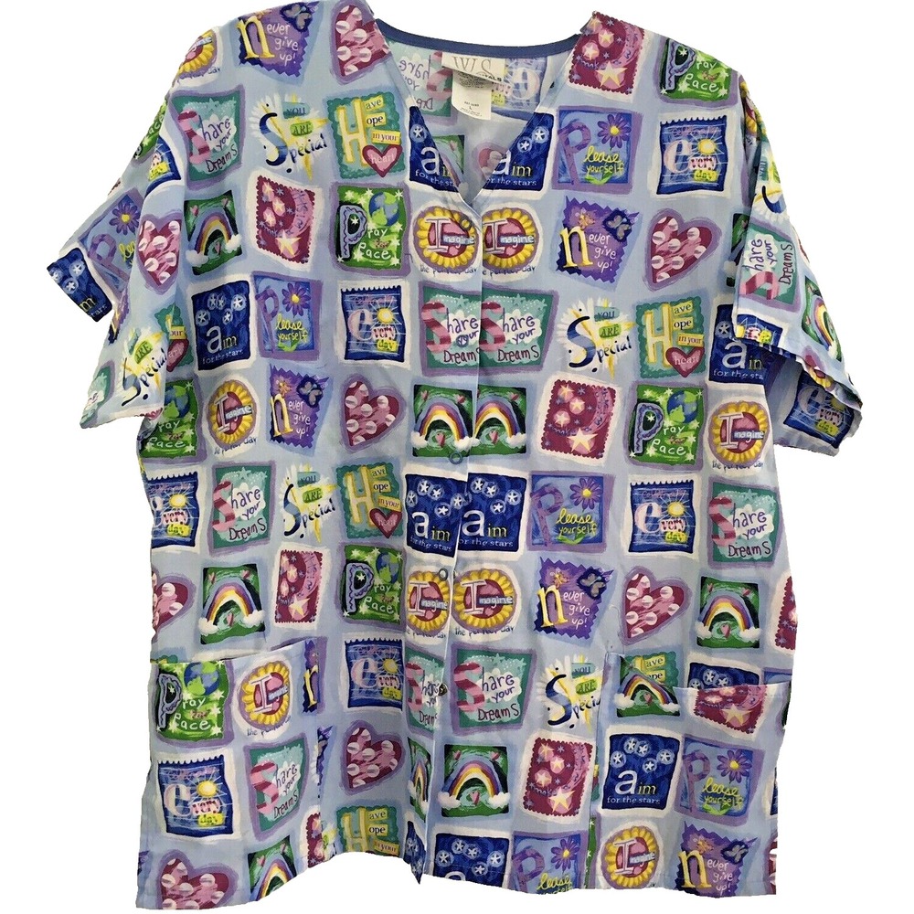 White Swan Womens Large Scrub‎ Top Colorful  Novelty Short Sleeve Shirt